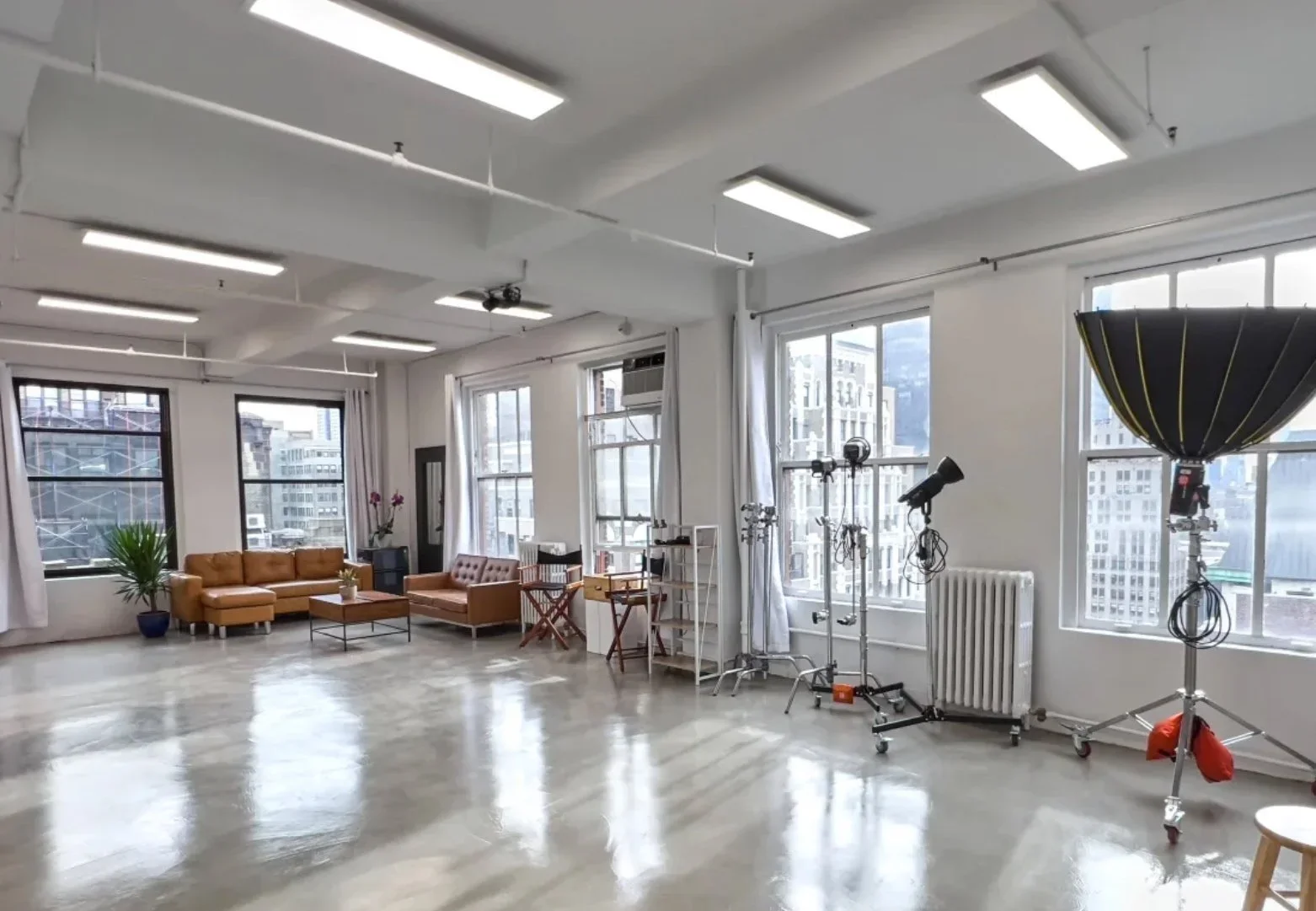 An airy, bright studio apartment with large windows, leather sofas, indoor plants, and film or photography equipment.