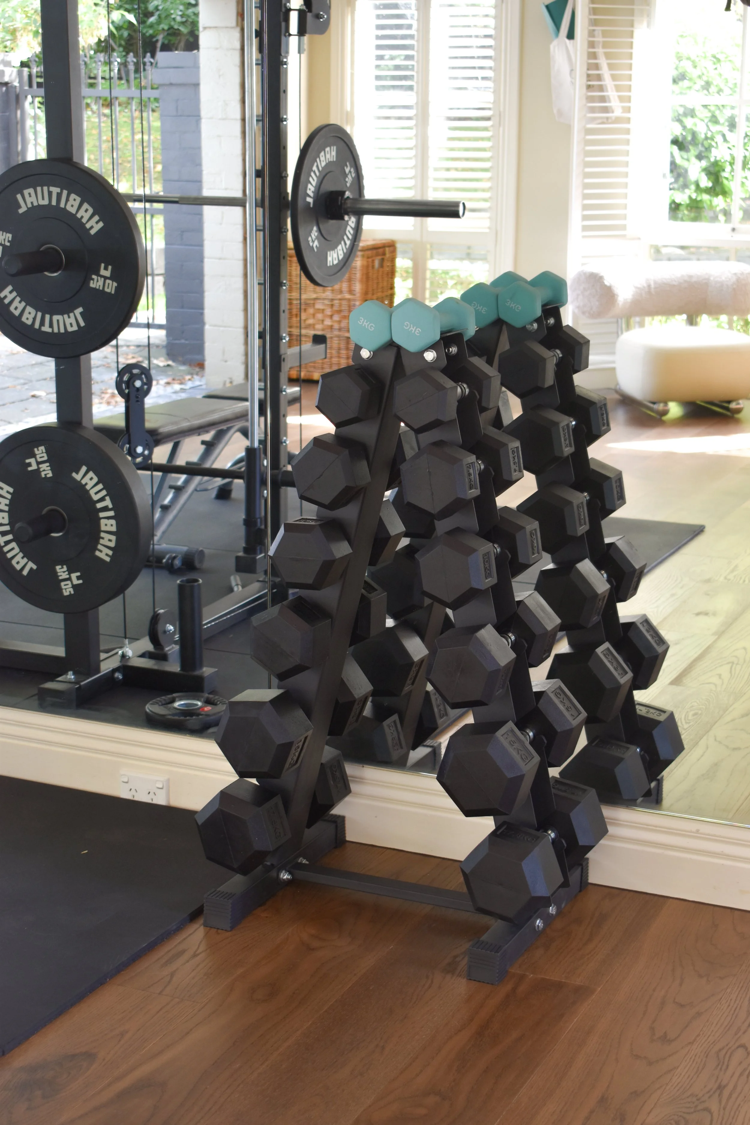 A rack of black dumbbells of various sizes placed on a black stand in front of a large mirror in a home gym.