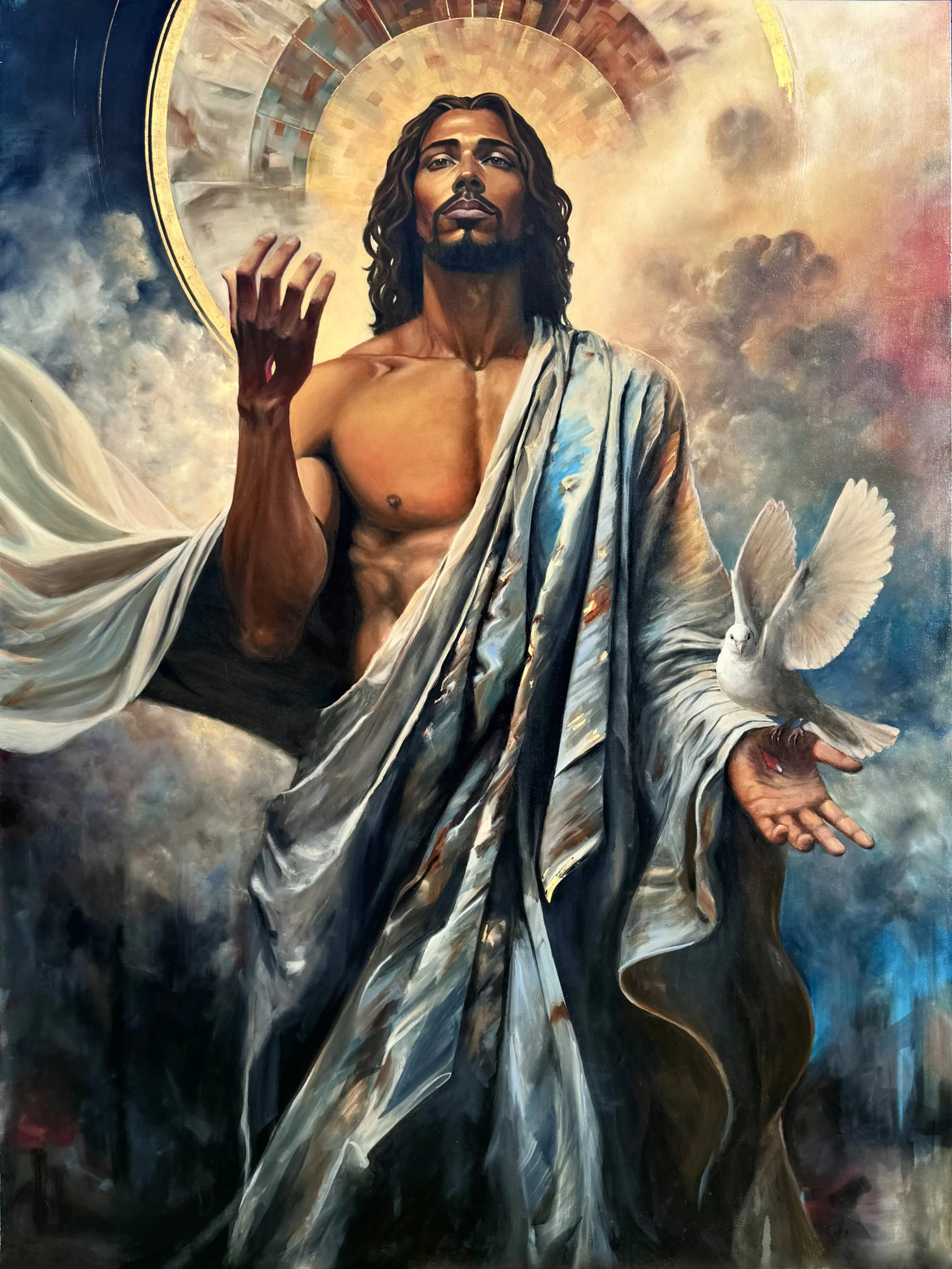 Behold, I Make All Things New
| Acrylic, oil, and 24k gold on canvas · 72 × 96 in · 2025
| Commissioned for St. Jude Mission Chapel · New Iberia, Louisiana
| Fine-art prints available →