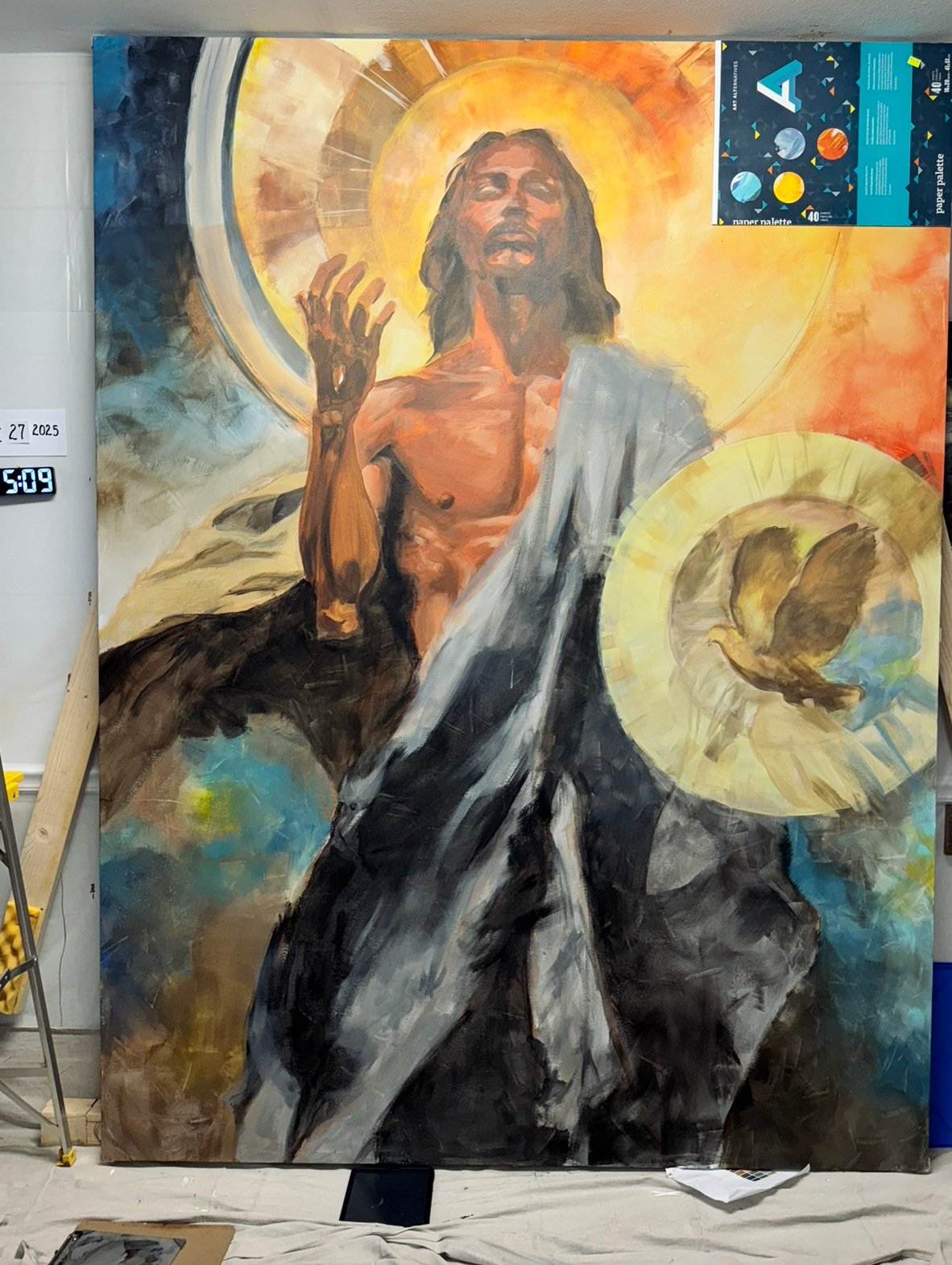 Color study of Christ with a raised hand and abstract circular forms