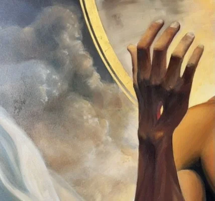 Detail study of a hand reaching toward a clock beneath storm clouds