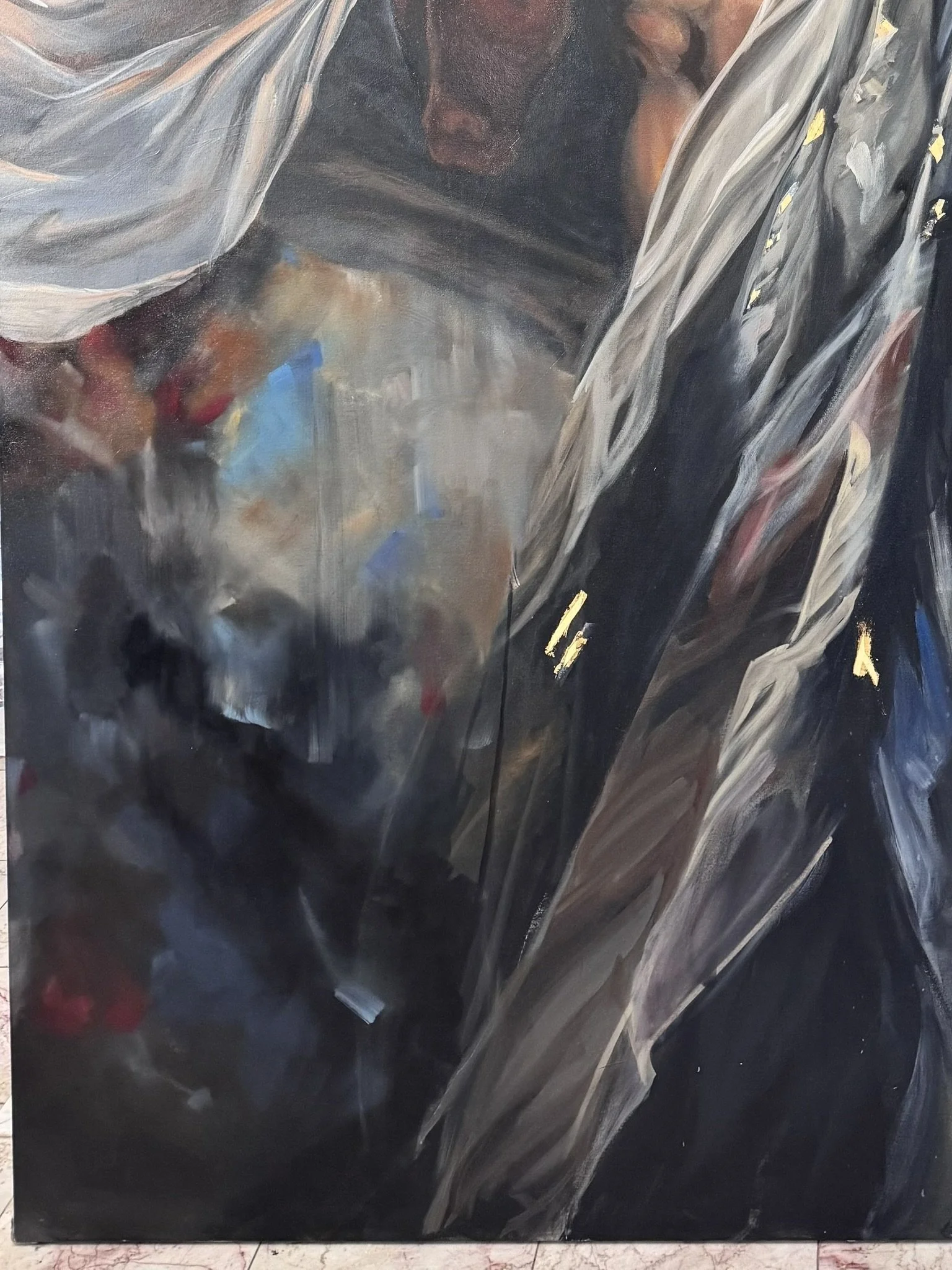 Abstract color study with dark blue, white, and red brushwork