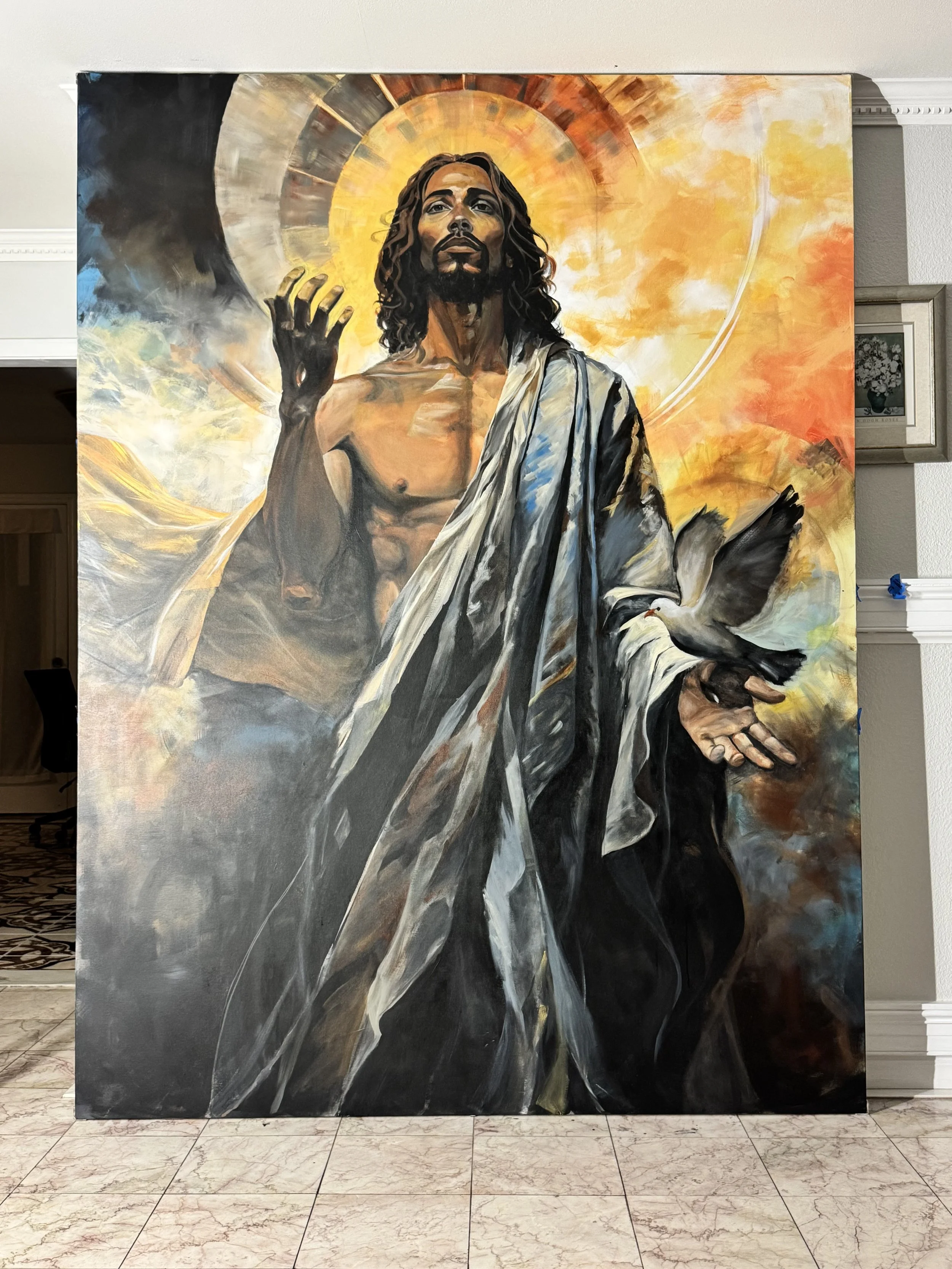 Color study of Christ with a raised hand against a warm abstract background