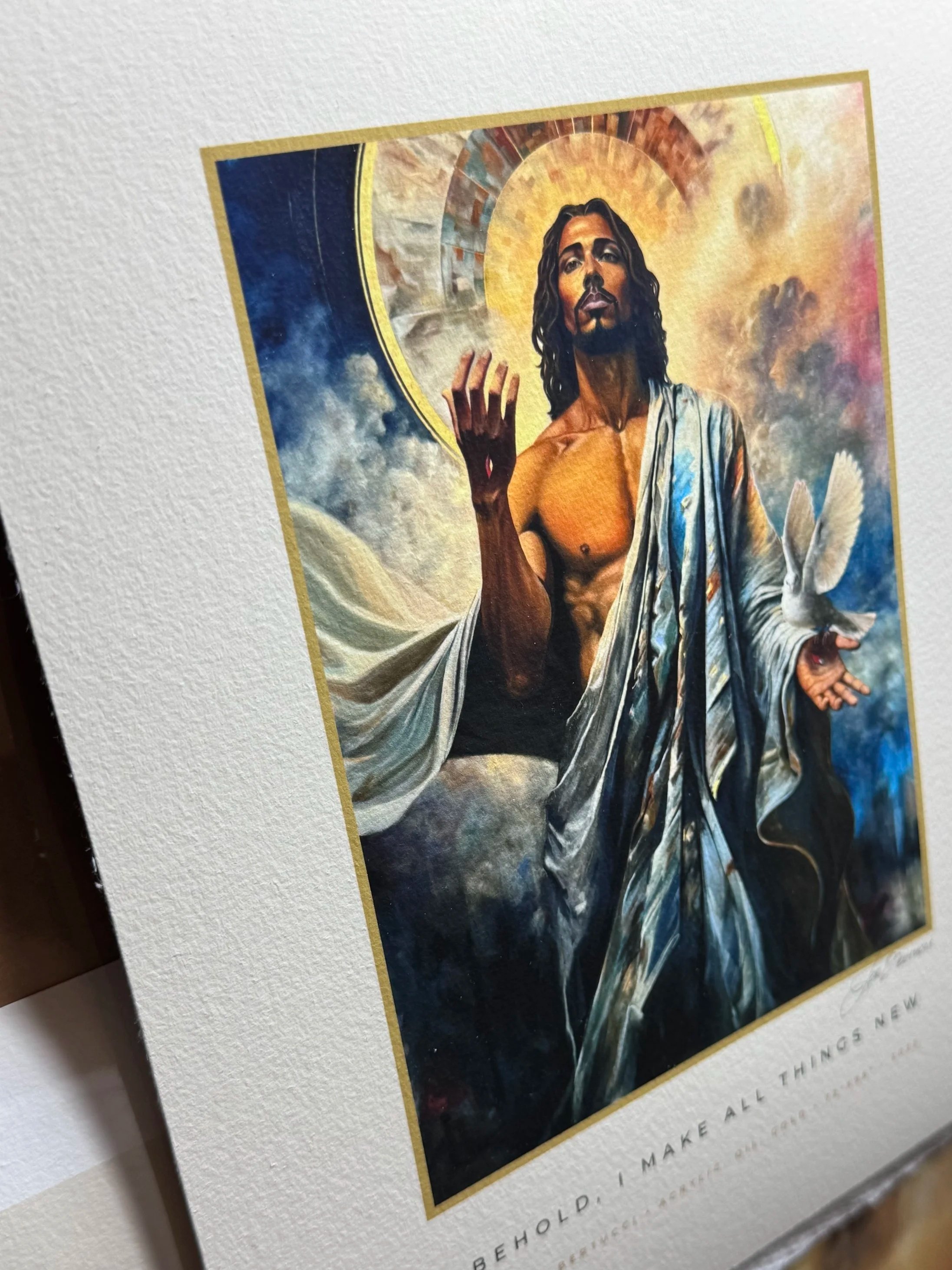 Angled view of the Behold fine-art reproduction and textured paper