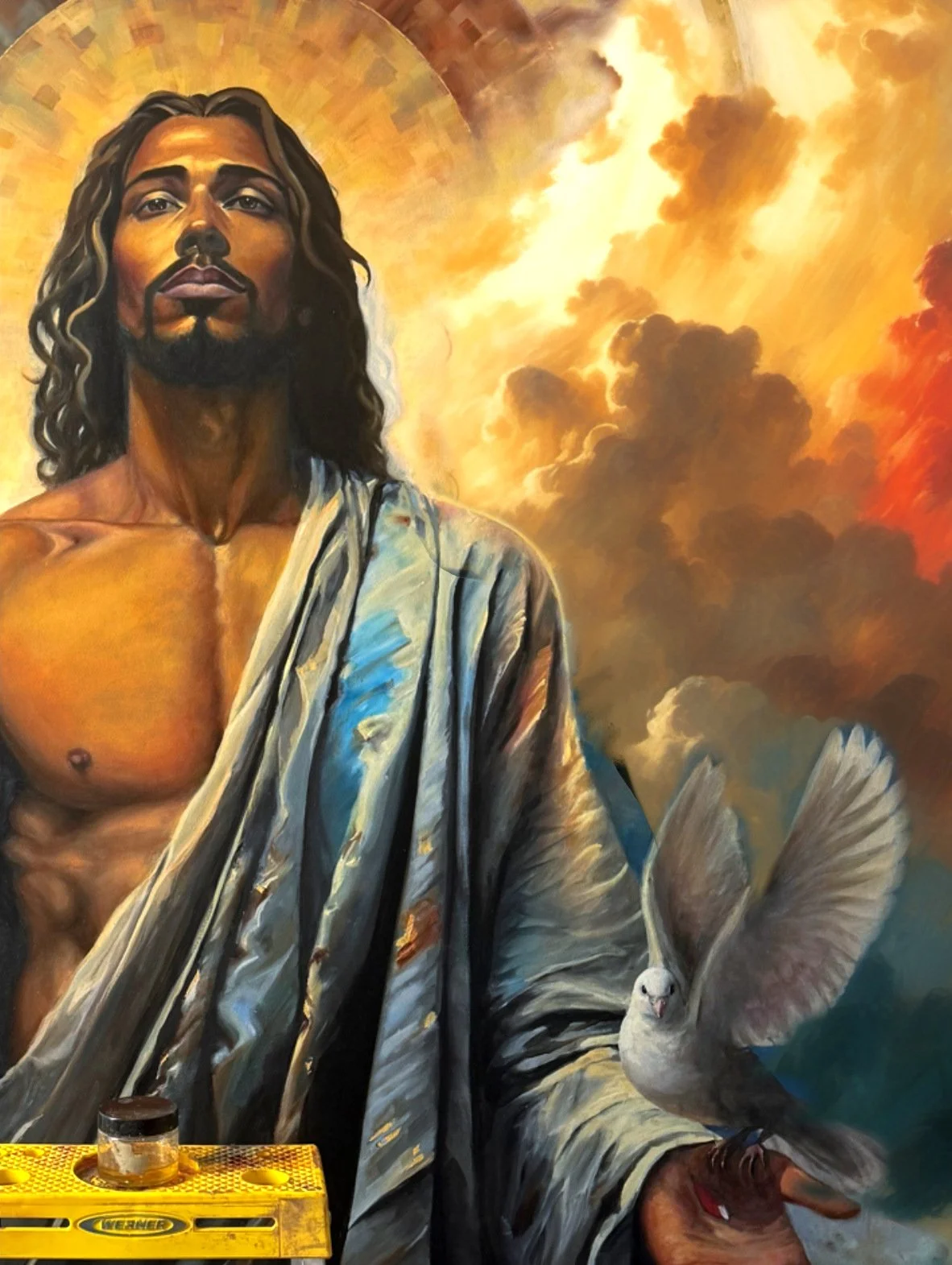 Behold in progress, showing Christ, the dove, and a cloud-filled sky
