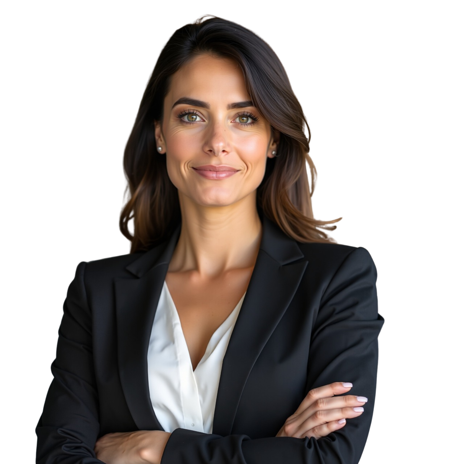 A woman with brown hair, green eyes, and fair skin, wearing a black blazer and white blouse, standing with crossed arms and smiling confidently.
