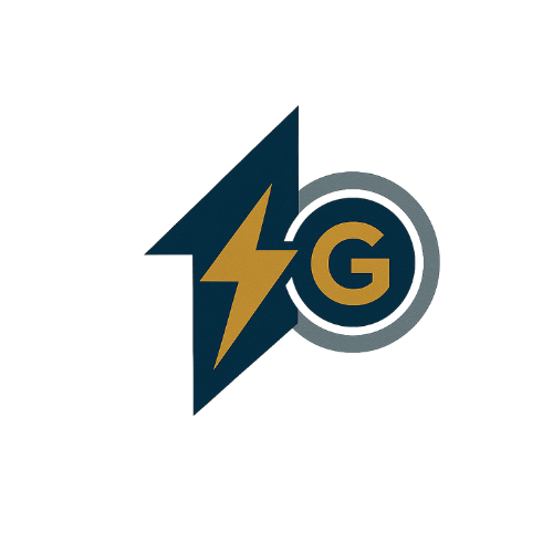 Logo with a blue lightning bolt, a gold letter G inside a circle, and a dark rectangle background.
