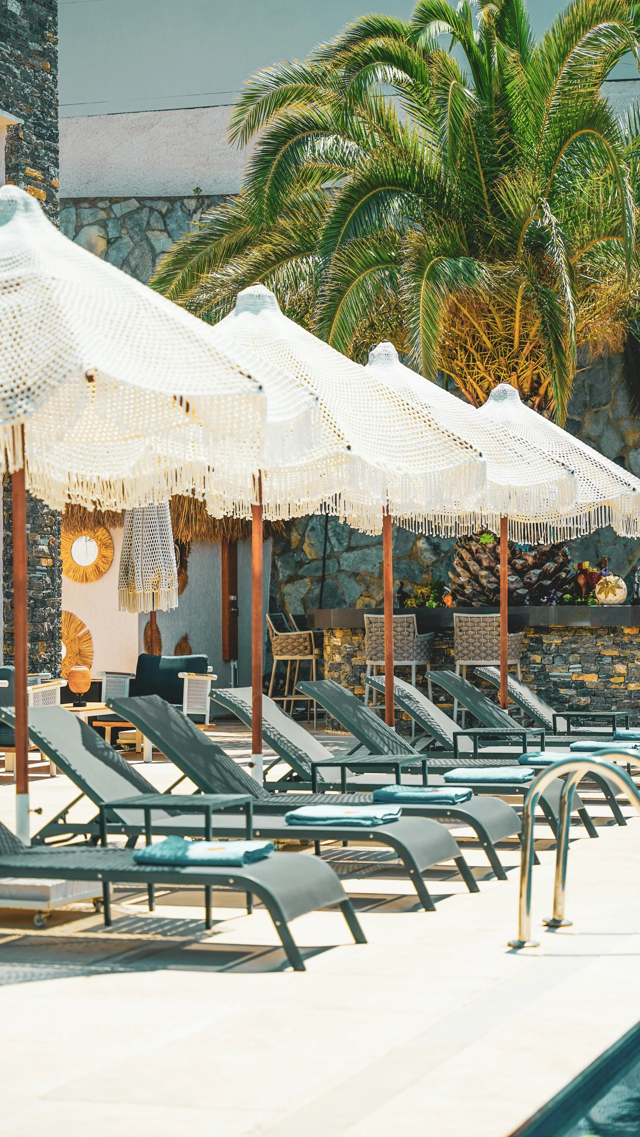 Empty poolside lounge chairs with towels under large white umbrellas, with palm trees and stone wall in the background.