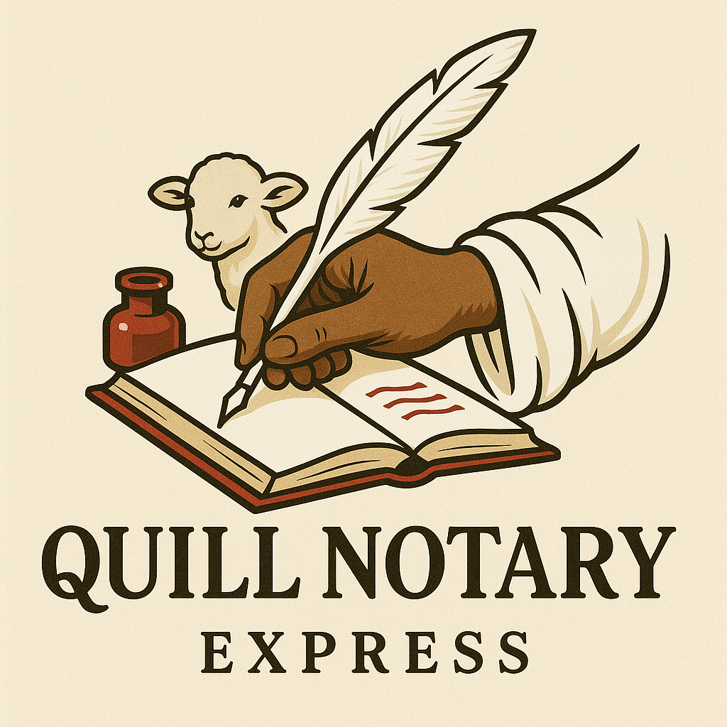 Logo for Quill Notary Express featuring a hand holding a quill writing in a notebook, with a sheep and ink bottle nearby.