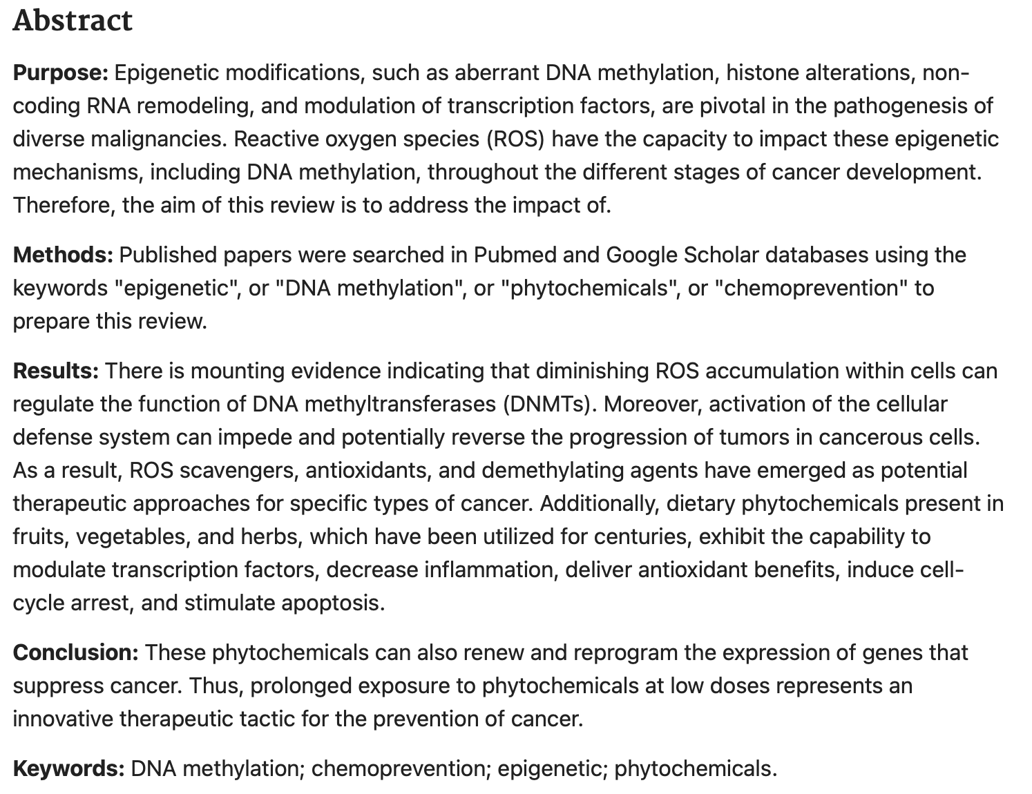 Text-heavy scientific abstract discussing epigenetic modifications, reactive oxygen species, and phytochemicals in relation to cancer.