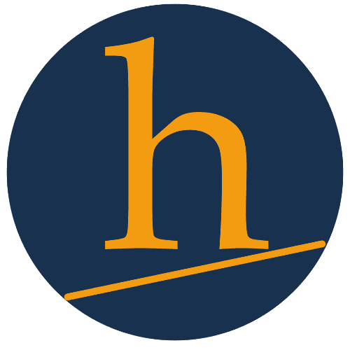 Dark blue circular background with a large orange lowercase 'h' and a diagonal orange line underneath.