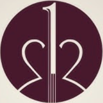 A circular logo with a dark maroon background featuring white abstract shapes and a central vertical line.