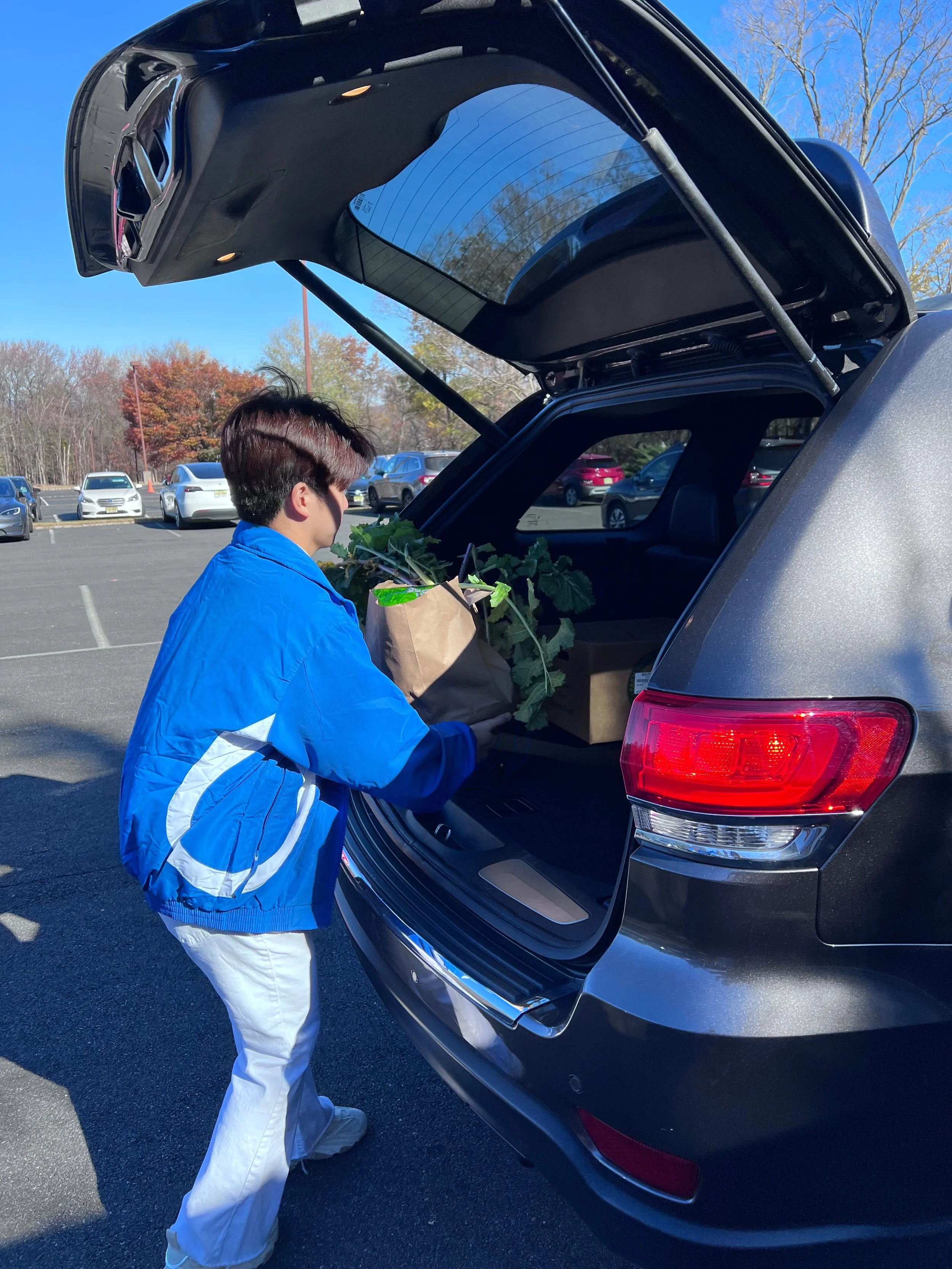 A person loading a paper bag filled with greens into the open trunk of a gray SUV at a parking lot on a clear day.