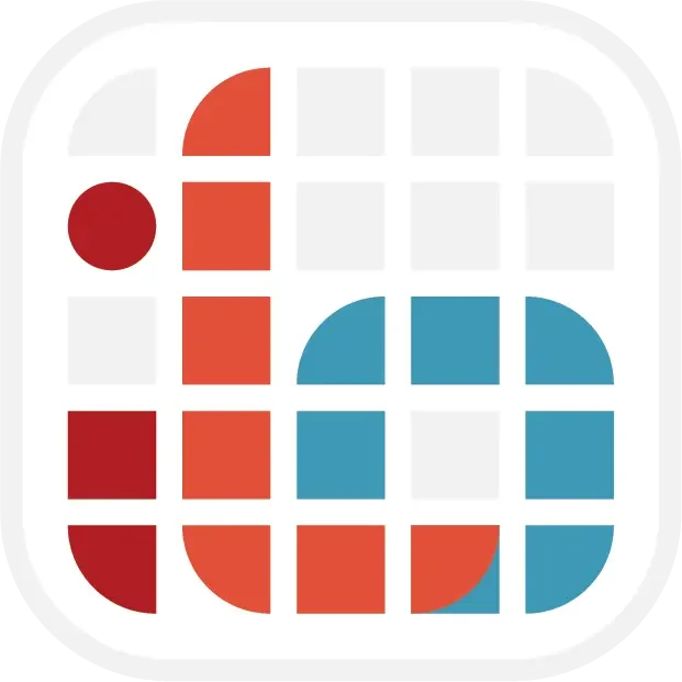 Icon with geometric shapes in red, orange, and blue forming a stylized grid or abstract pattern.