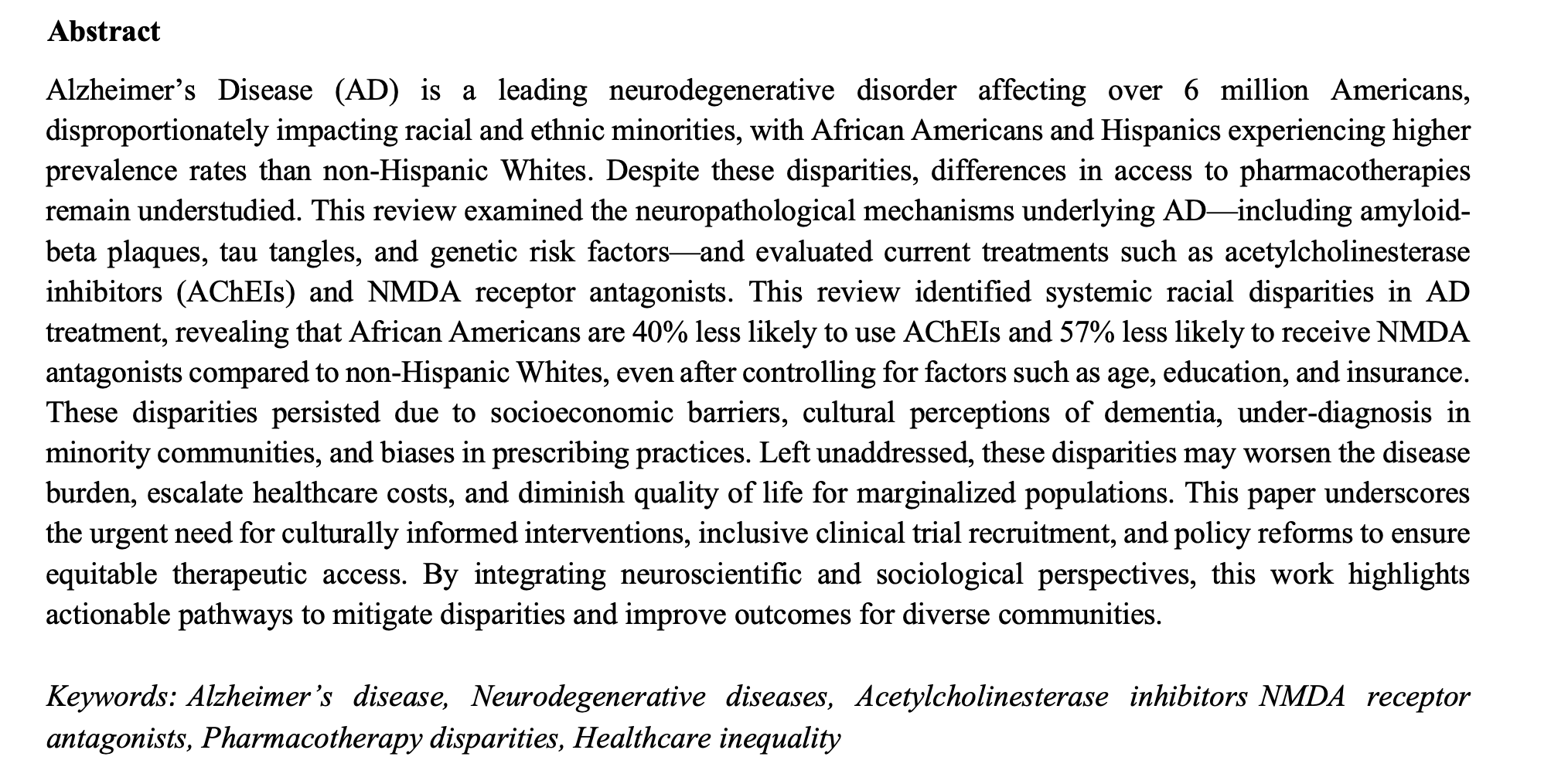 Text of an academic article discussing Alzheimer's Disease and disparities in treatment among different racial and ethnic groups, particularly African Americans.