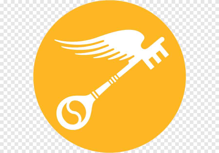 A logo with a white key that has wings, set against an orange circular background.