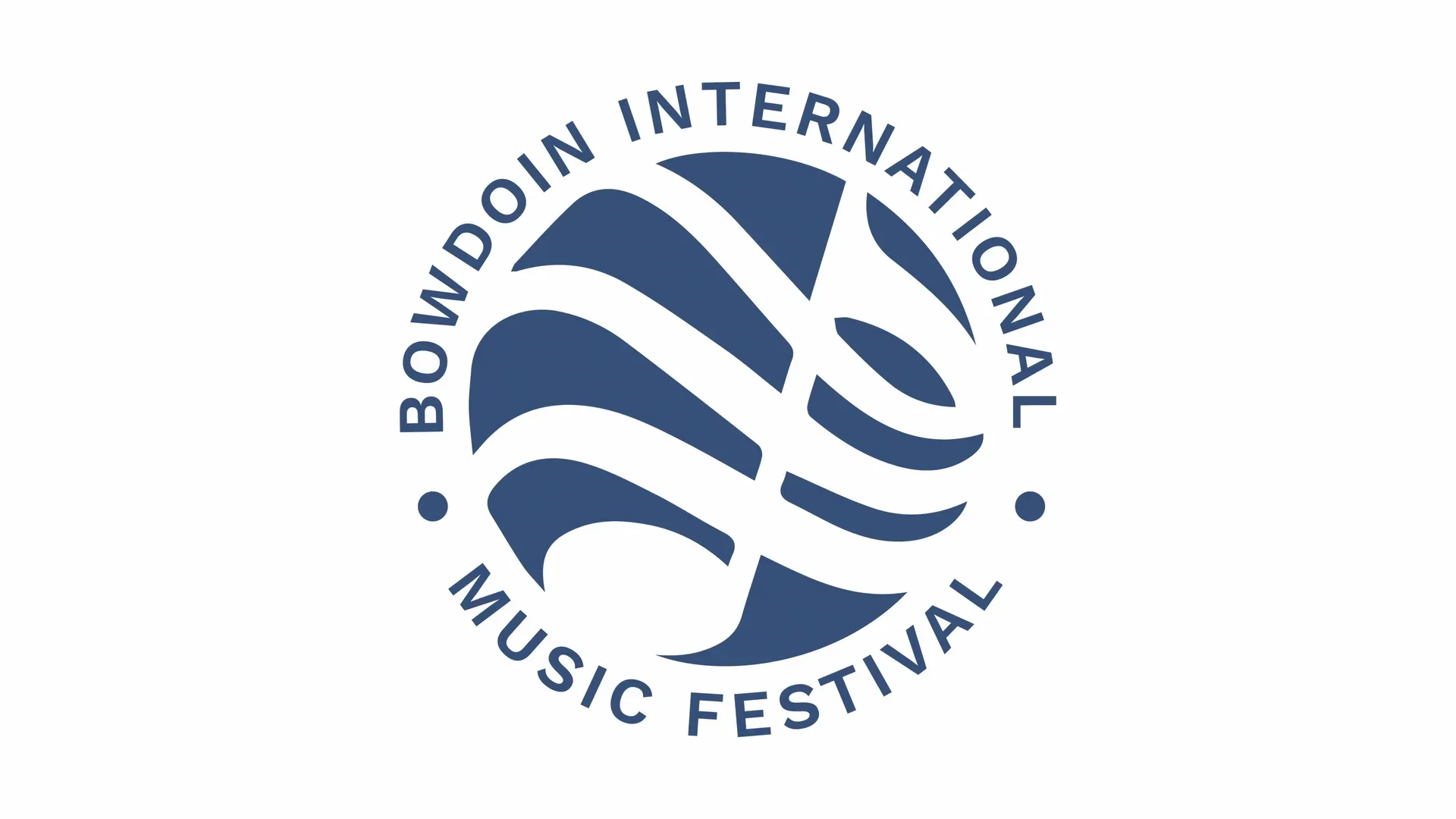 Logo for the Bowo International Music Festival featuring a stylized globe with flowing lines in navy blue.