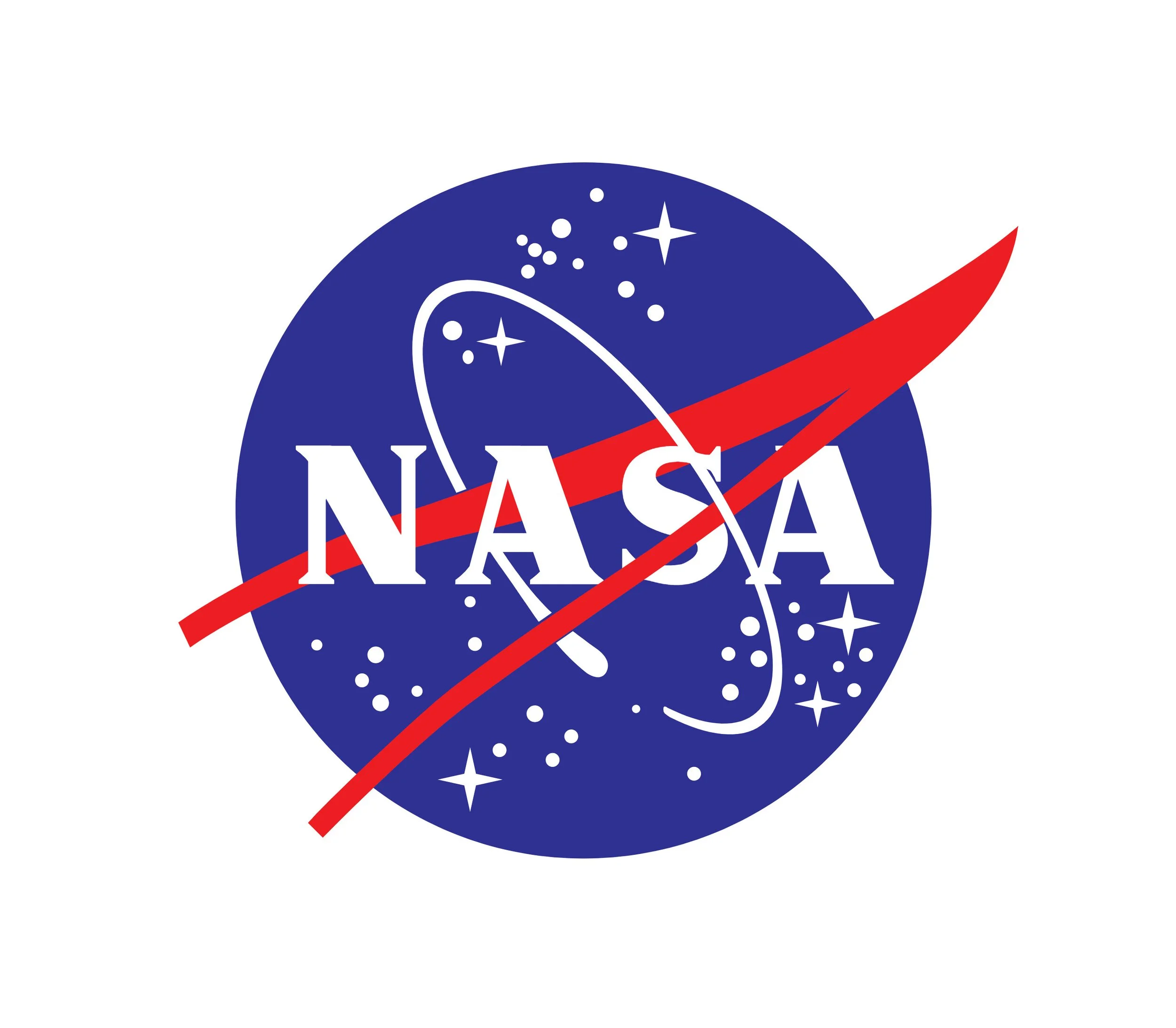 NASA logo with blue circle, white text, red swoosh, and starry space design.