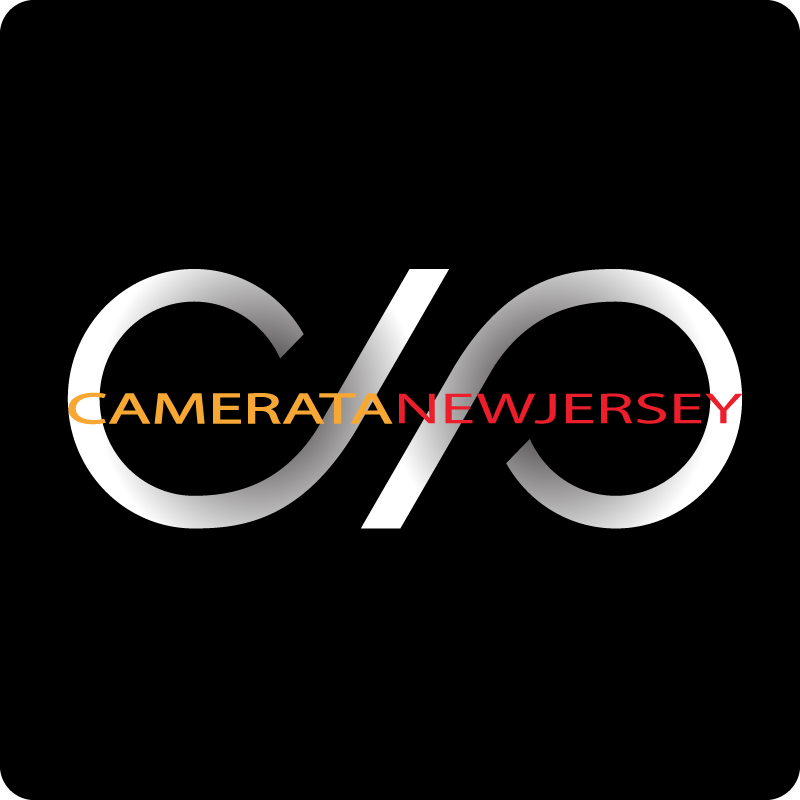 Black background with a large white percentage symbol and the words 'Camerata New Jersey' in orange and red across it.