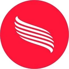 Red circle with white stylized wing logo.