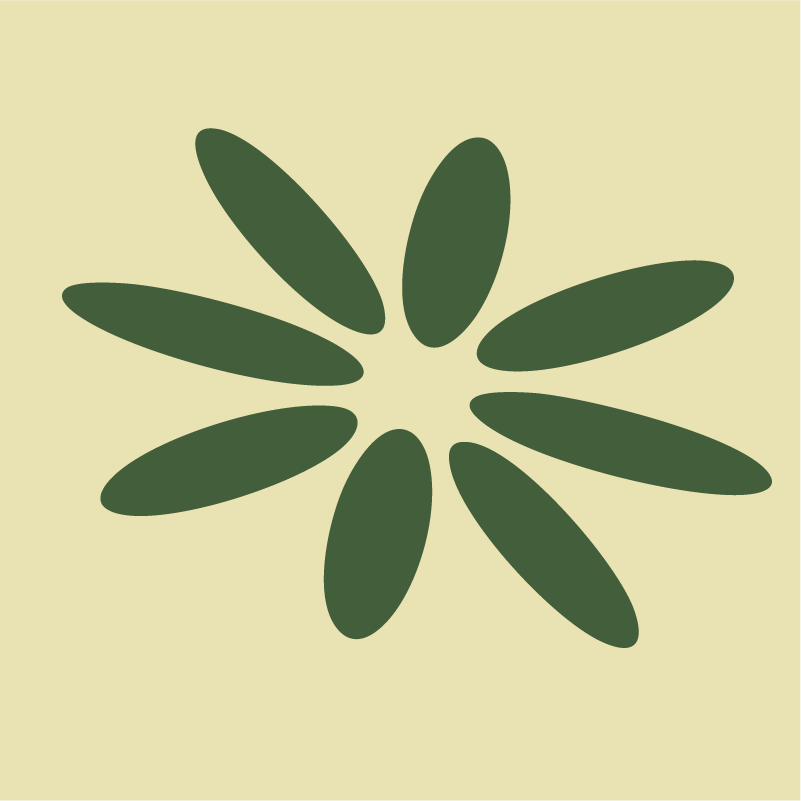 A minimalist, abstract illustration of an olive branch with nine dark green olives spread around a central point on a light beige background.