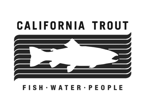 California Trout logo with a trout silhouette and stripes, with the words California Trout, Fish Water People.