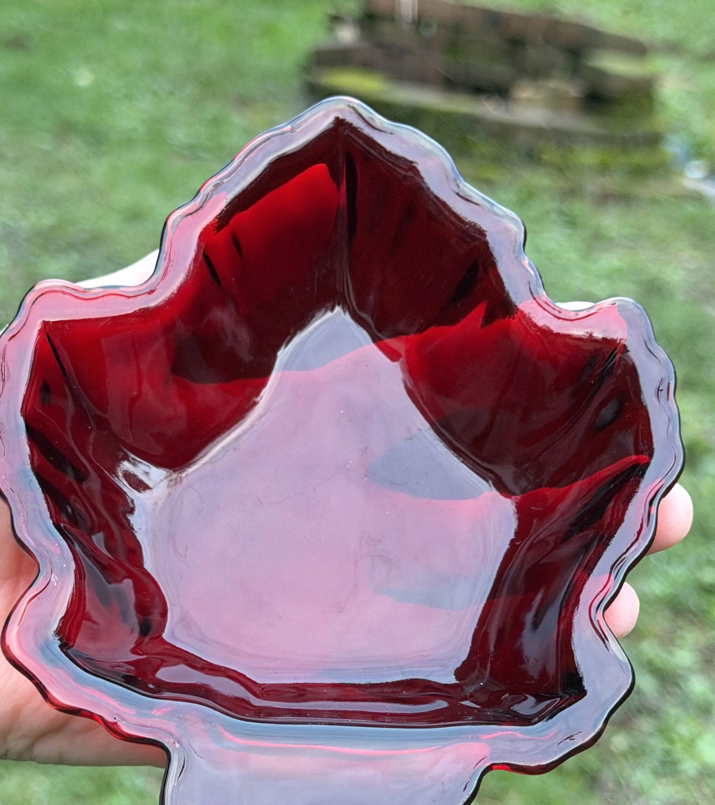 Ruby red depression glass leaf