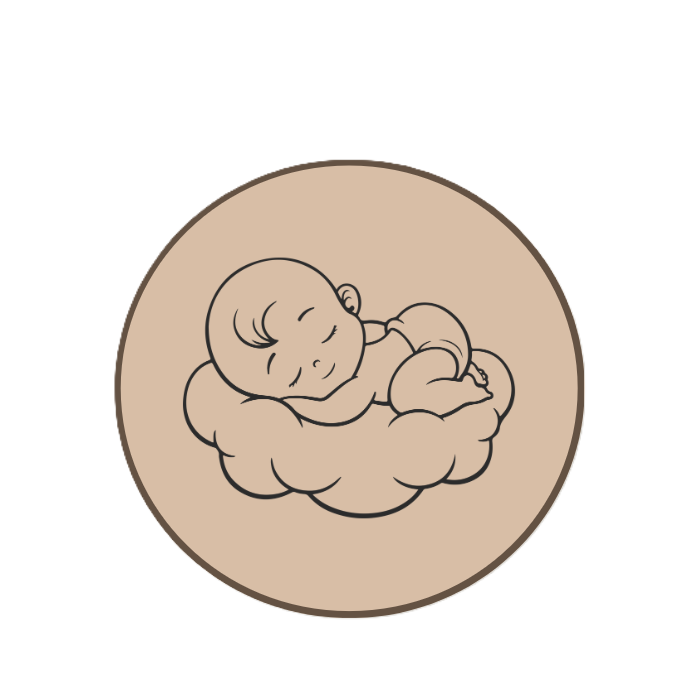 A sleeping baby resting on a cloud inside a beige circle.