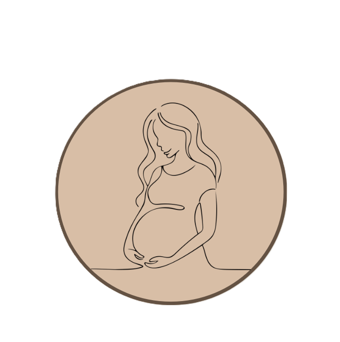 Minimalist illustration of a pregnant woman with long wavy hair, holding her belly, inside a circular frame.