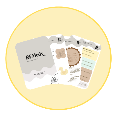 A set of three printed informational pamphlets with the title 'REMed' and illustrations of a rubber duck and a hand, positioned on a yellow circular background.