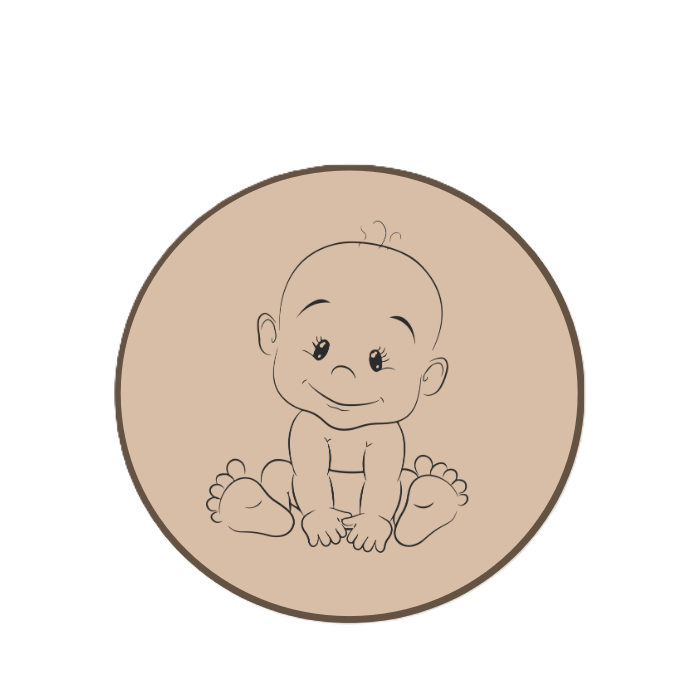 Line drawing of a smiling baby sitting with legs spread and hands on the ground, inside a beige circular background.