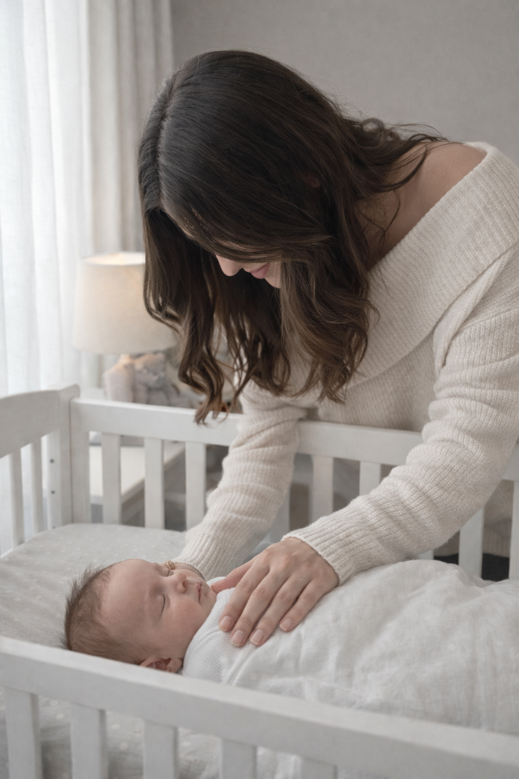 A woman placing her hand on a sleeping baby's stomach in a crib.