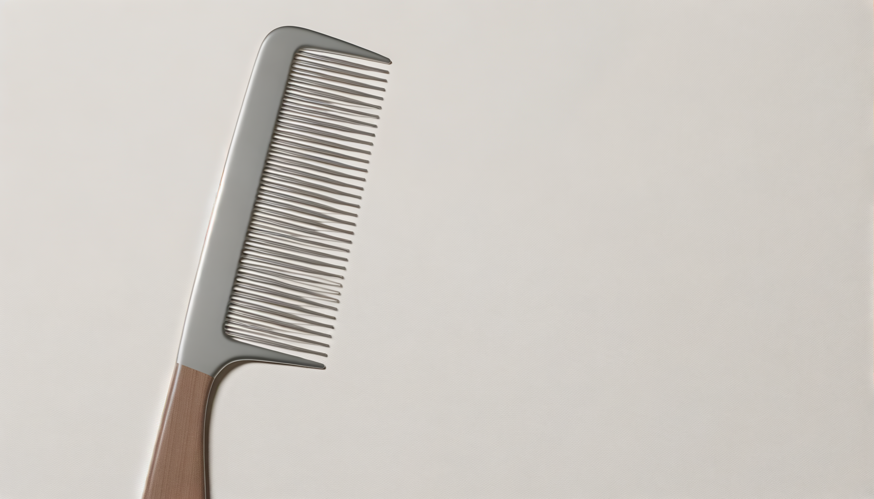 A metal comb with a wooden handle on a plain light-colored surface.