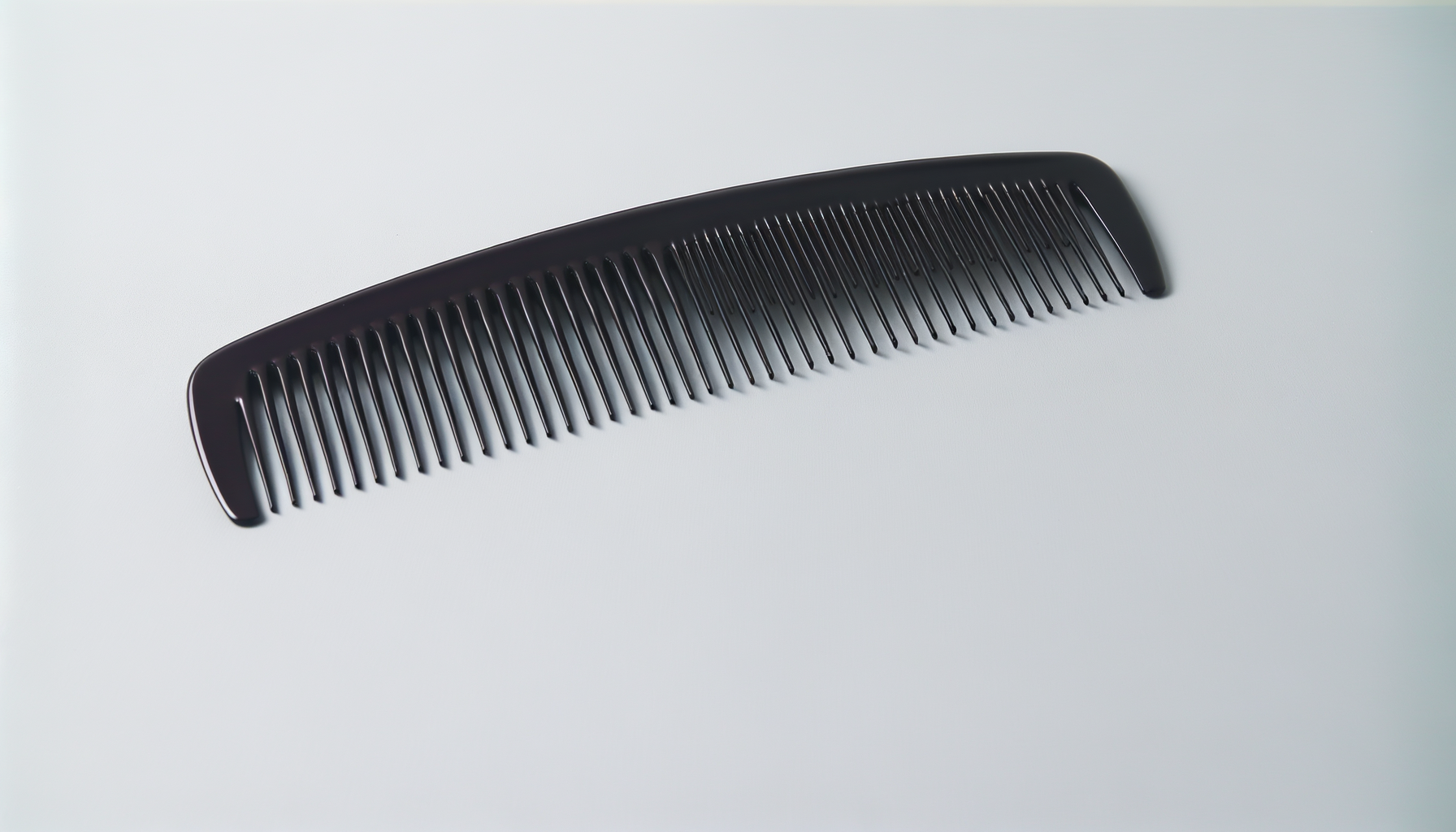 A black hair comb on a light gray background.