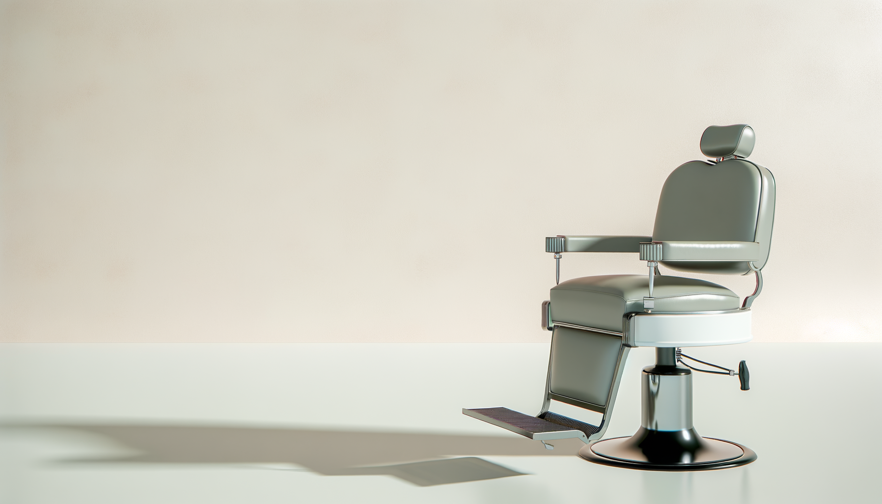 A vintage barbershop chair with a green cushion, adjustable headrest, and footrest, casting a shadow on a plain light background