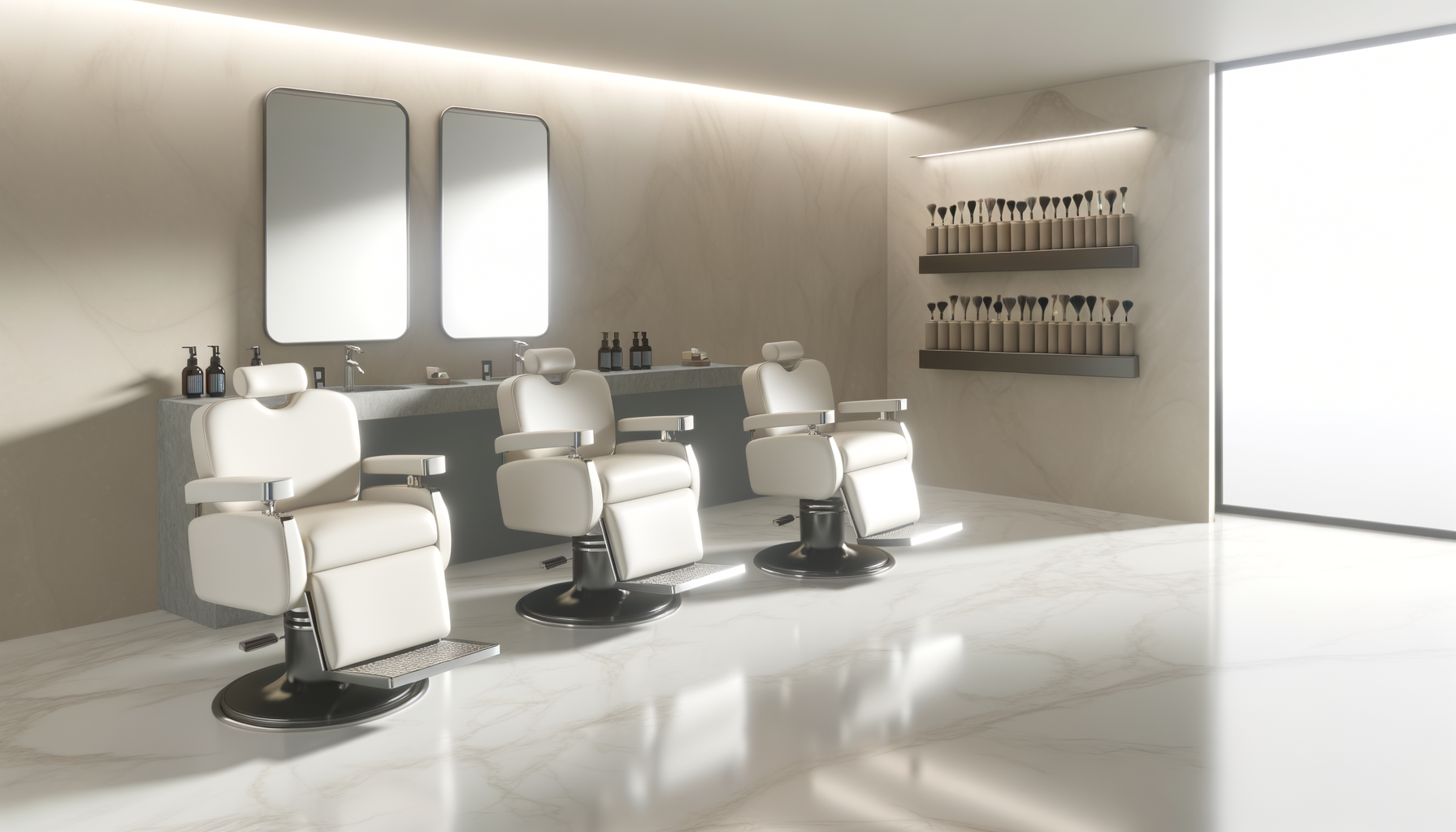 Minimalist barber shop with three white vintage-style chairs in front of a light gray marble countertop, two rectangular mirrors on the wall, and shelves with grooming products on the right side, illuminated by natural light from a frosted glass door.