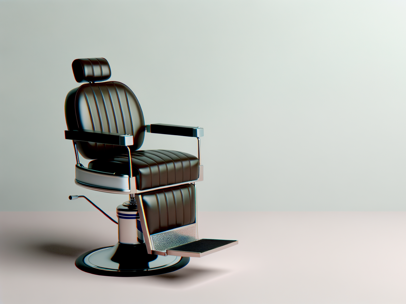 A vintage black barber or salon chair with a headrest, armrests, footrest, and hydraulic base, placed on a plain surface against a plain background.
