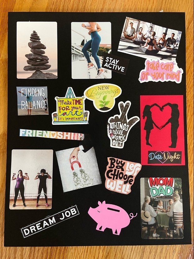 A collage of motivational and lifestyle themed stickers and photos on a black background, including images of yoga, a woman jumping, balanced stones, and messages about staying active, happiness, new beginnings, and family.