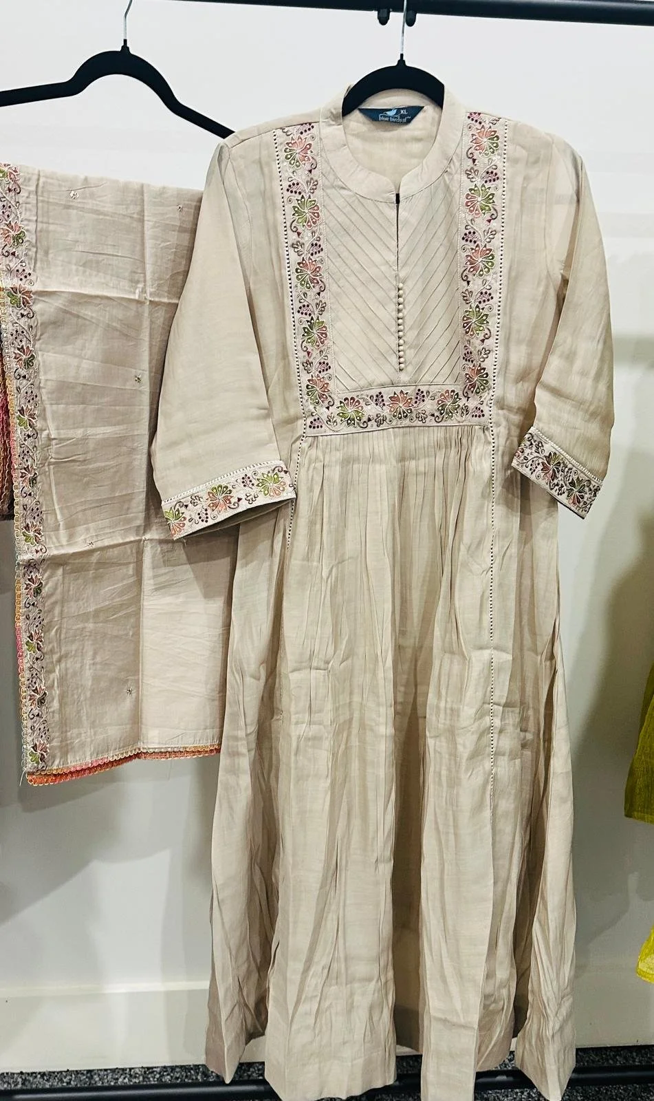 Beige Kurti Set with floral embroidery