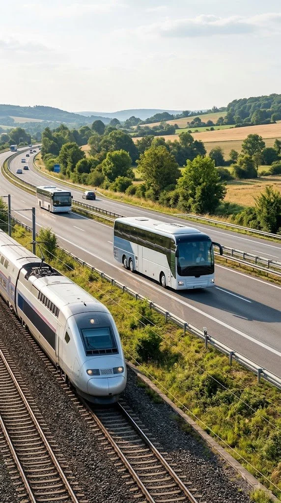 Un train à grande vitesse blanc passant à côté d'une route avec des bus et des voitures, dans un paysage rural avec des collines verdoyantes.