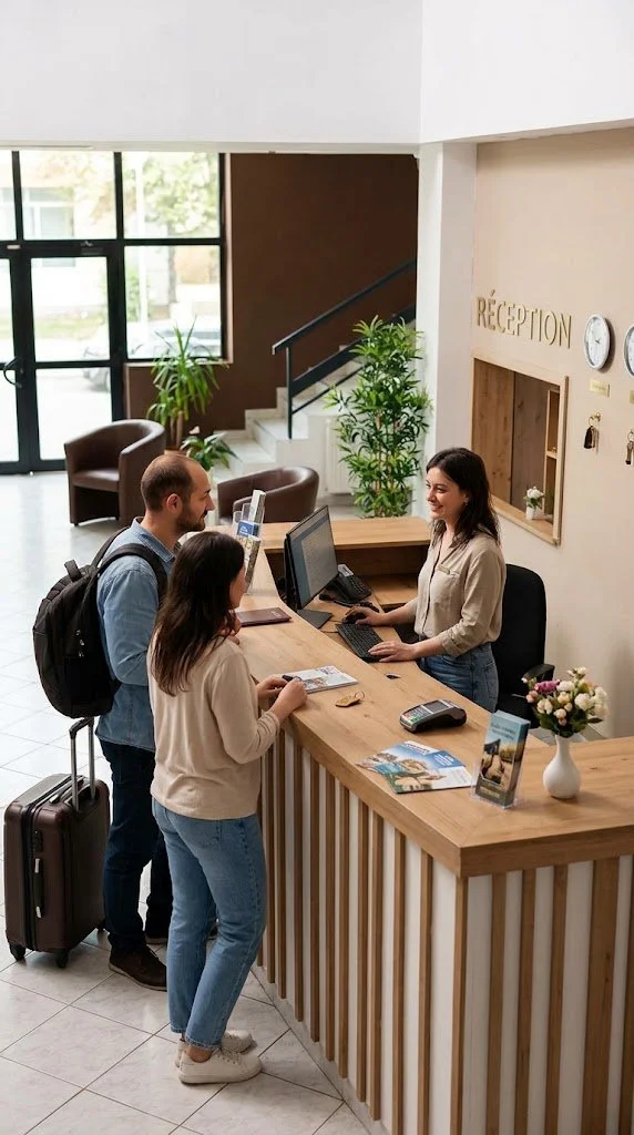 Un couple et une femme au comptoir d'accueil d'un hôtel, avec une valise, échangeant des documents, dans un hall lumineux avec plantes vertes.