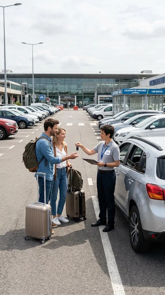 Deux touristes, un homme et une femme, reçoivent la clé d'une voiture de location à un comptoir dans un parking d'aéroport, avec des bagages à côtés.