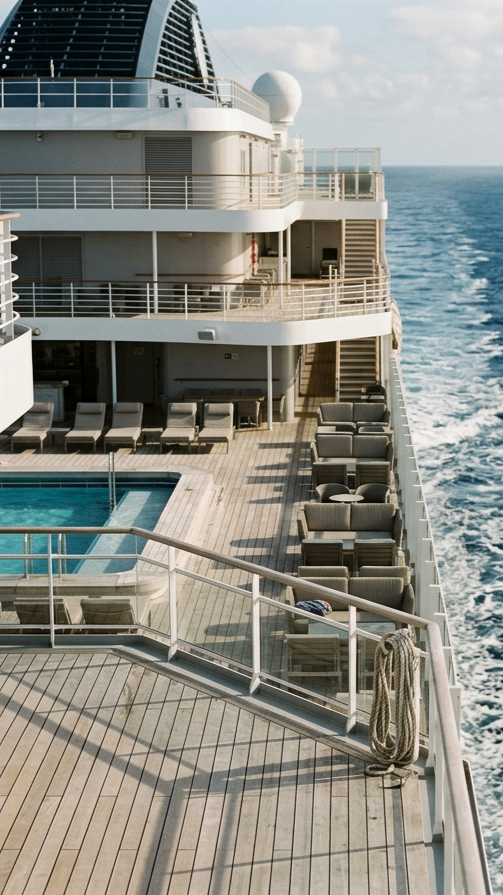 De la terrasse d'un navire de croisière avec une piscine, des chaises longues et des sièges dynamiques, sur fond d'océan et de ciel ensoleillé.
