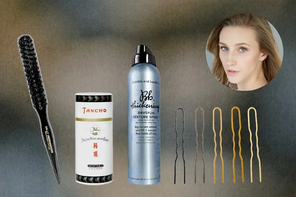 Collage of products for a perfect ballet bun