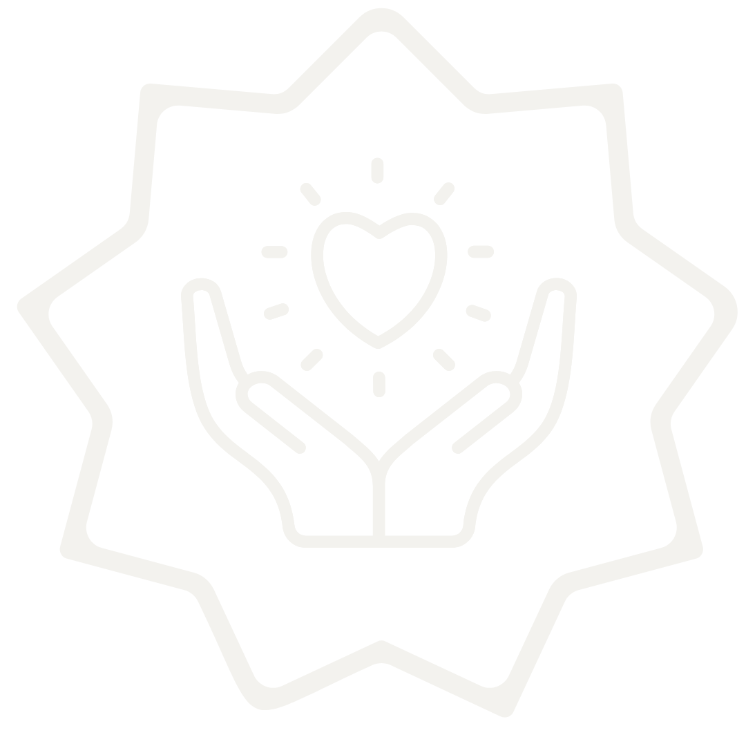 Outline of hands holding a heart with radiating lines inside a star-shaped border.