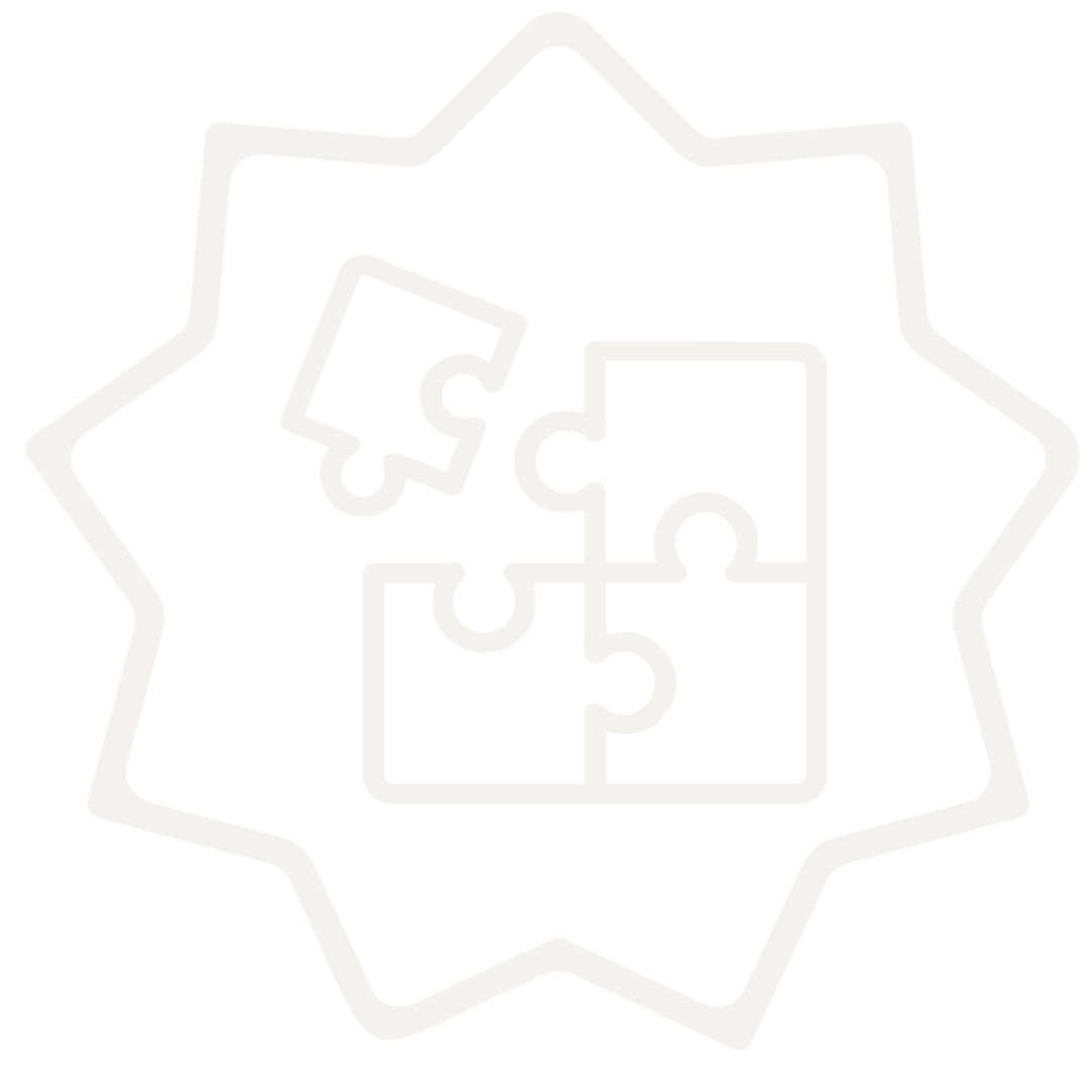 Outline of four puzzle pieces fitting together within a star-shaped border.