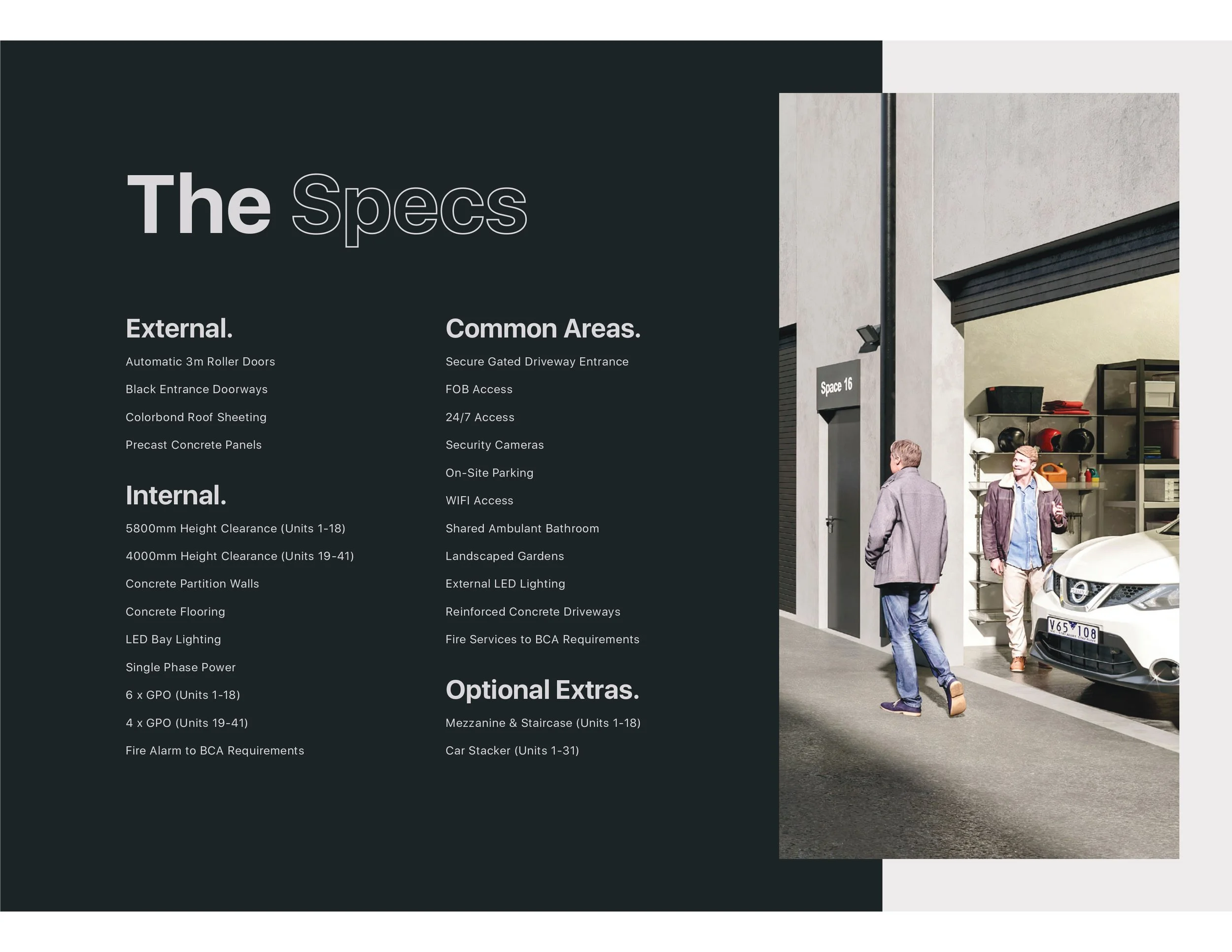 Information board about a building's specifications and amenities, with a photo of two men near a garage with a car parked inside.