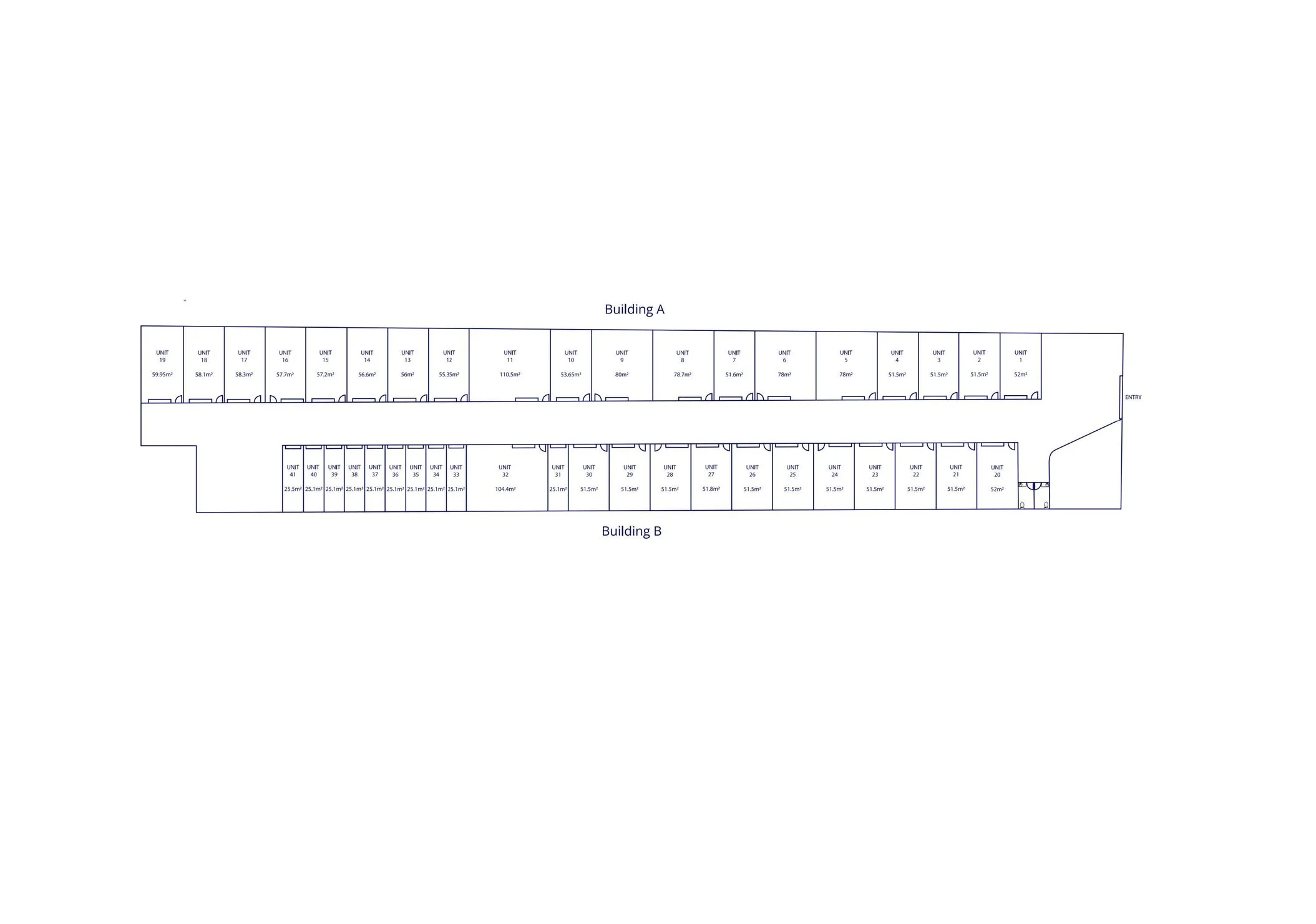Architectural floor plan of a two-building complex labeled Building A and Building B, showing numbered units with their sizes in square meters, entry points, and layout details.