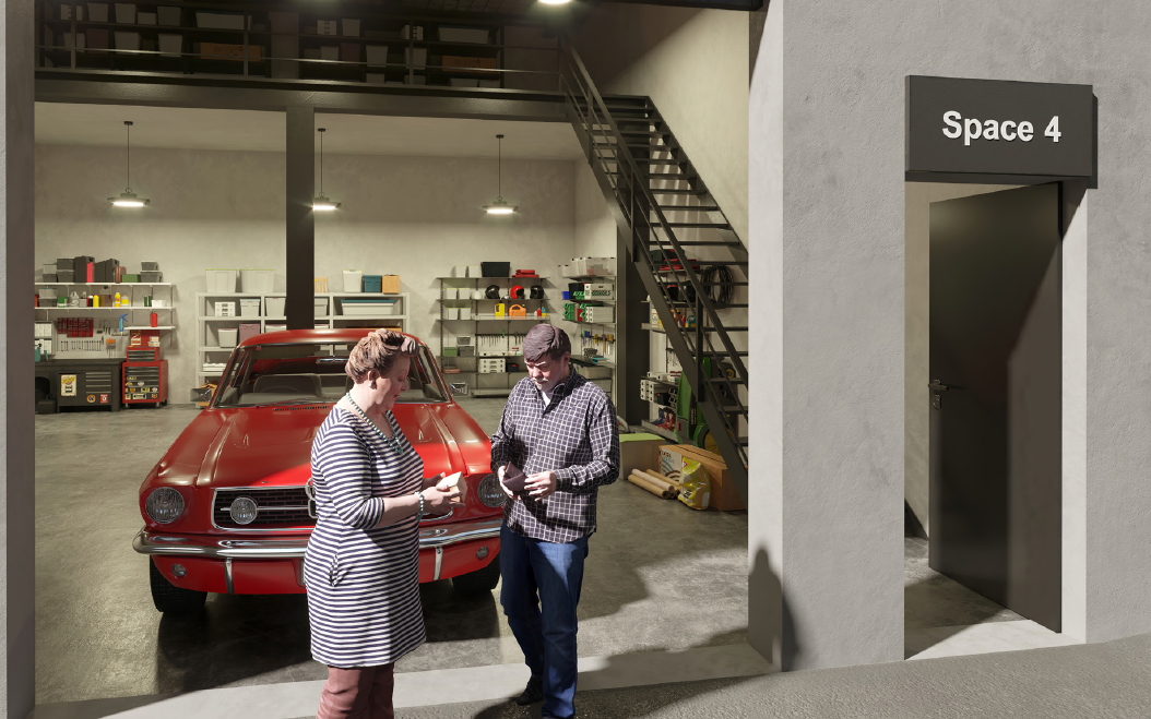 A woman and a man stand together in a garage, looking at their phones, with a red vintage car behind them. The garage has shelves with tools and supplies, and there is a staircase leading to an upper level. A sign indicates this is 'Space 4'.