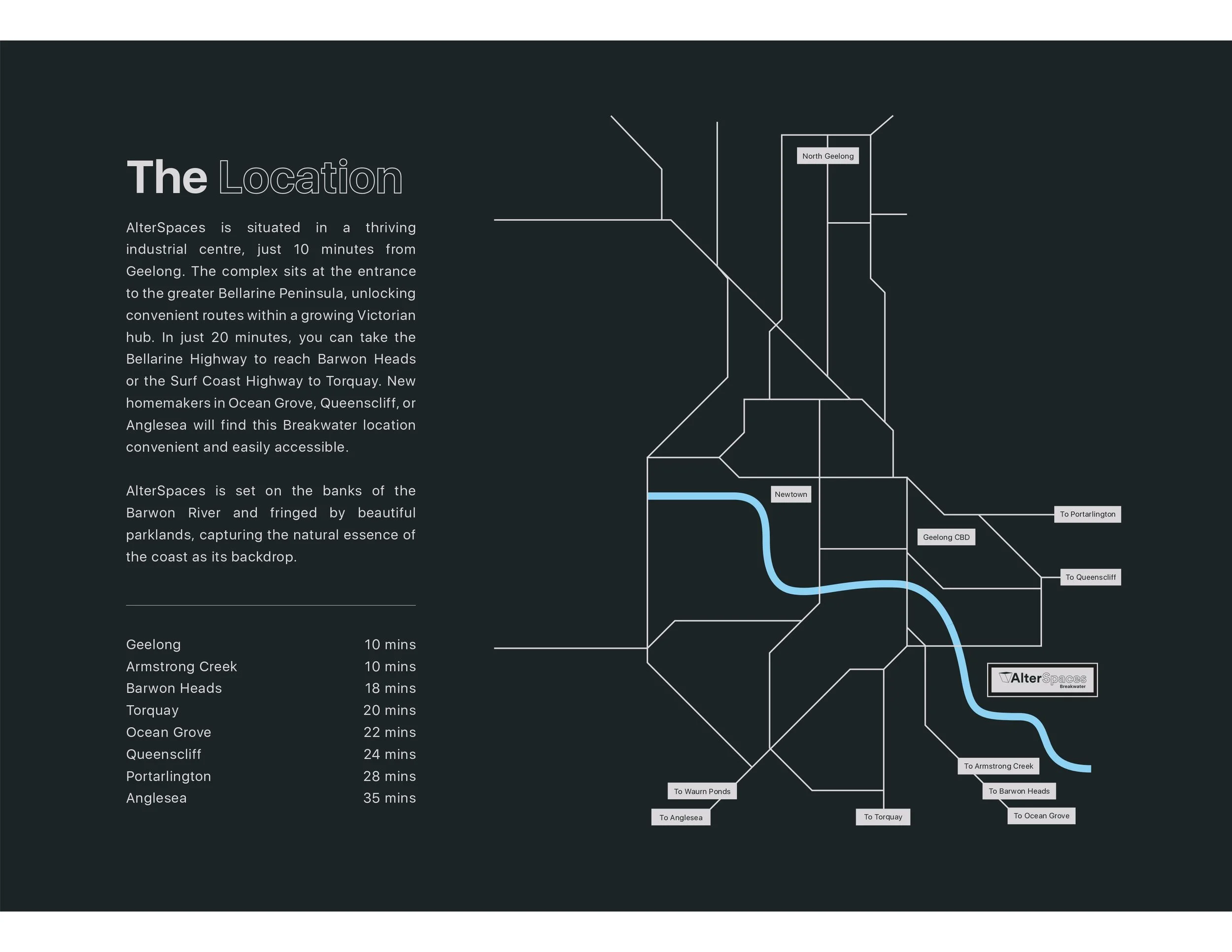 Map of the Barwon River with route directions to Geelong CBD, Queenscliff, Portarlington, and Ocean Grove, featuring a blue waterway and labeled locations.